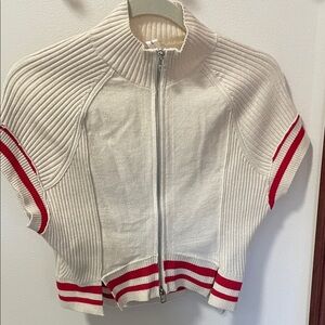 Anthropology Women's Ribbed Zip-Up Cardigan - Cream and Red